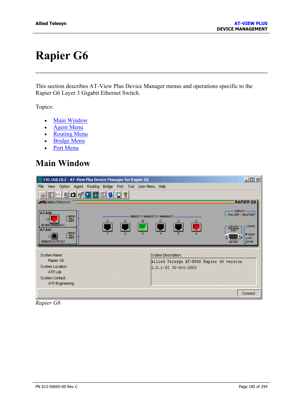 Rapier g6, Main window | Allied Telesis AT-VIEW PLUS 3.2 DEVICE MANAGEMENT User Manual | Page 185 / 294
