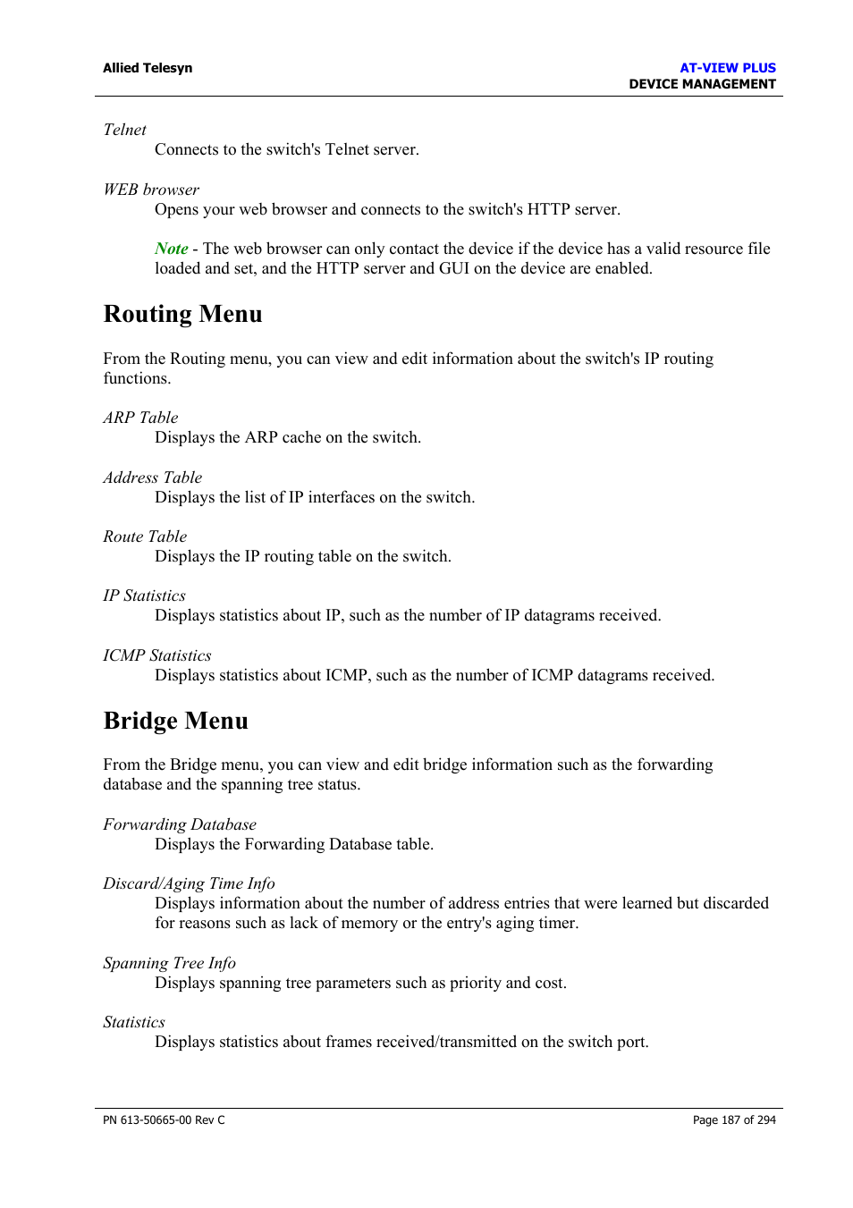 Routing menu, Bridge menu, Routing menu bridge menu | Allied Telesis AT-VIEW PLUS 3.2 DEVICE MANAGEMENT User Manual | Page 187 / 294
