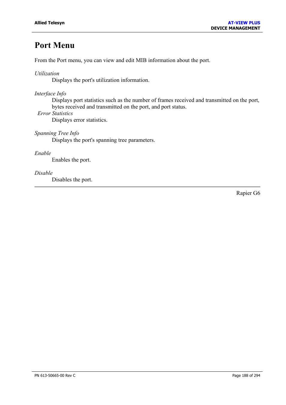 Port menu | Allied Telesis AT-VIEW PLUS 3.2 DEVICE MANAGEMENT User Manual | Page 188 / 294