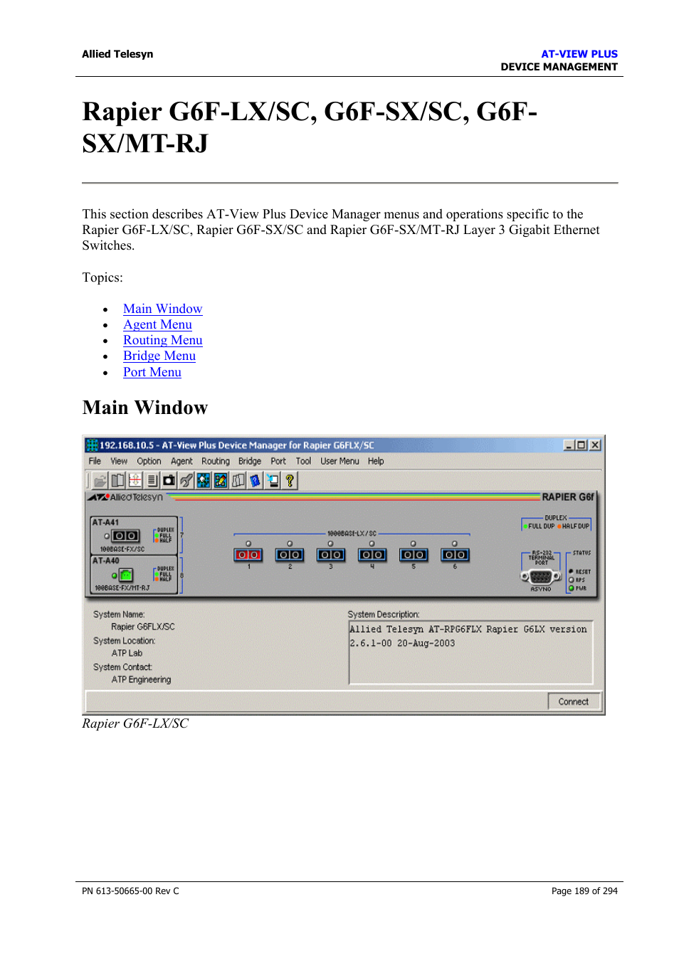 Rapier g6f-lx/sc, g6f-sx/sc, g6f-sx/mt-rj, Main window, Rapier g6f-lx/sc, g6f-sx/sc, g6f- sx/mt-rj | Allied Telesis AT-VIEW PLUS 3.2 DEVICE MANAGEMENT User Manual | Page 189 / 294