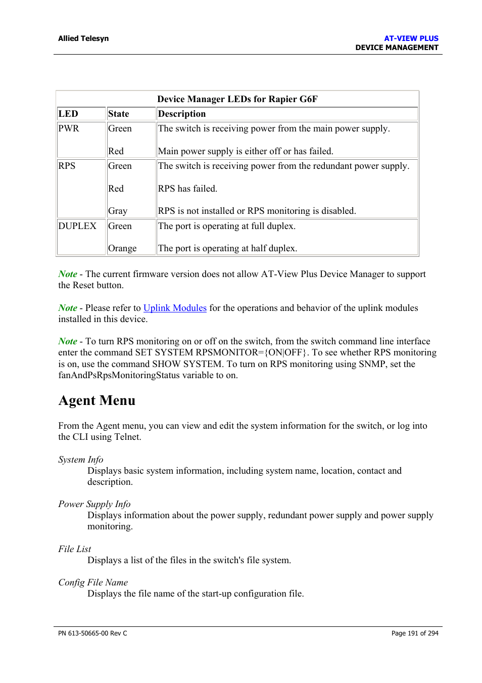 Agent menu | Allied Telesis AT-VIEW PLUS 3.2 DEVICE MANAGEMENT User Manual | Page 191 / 294