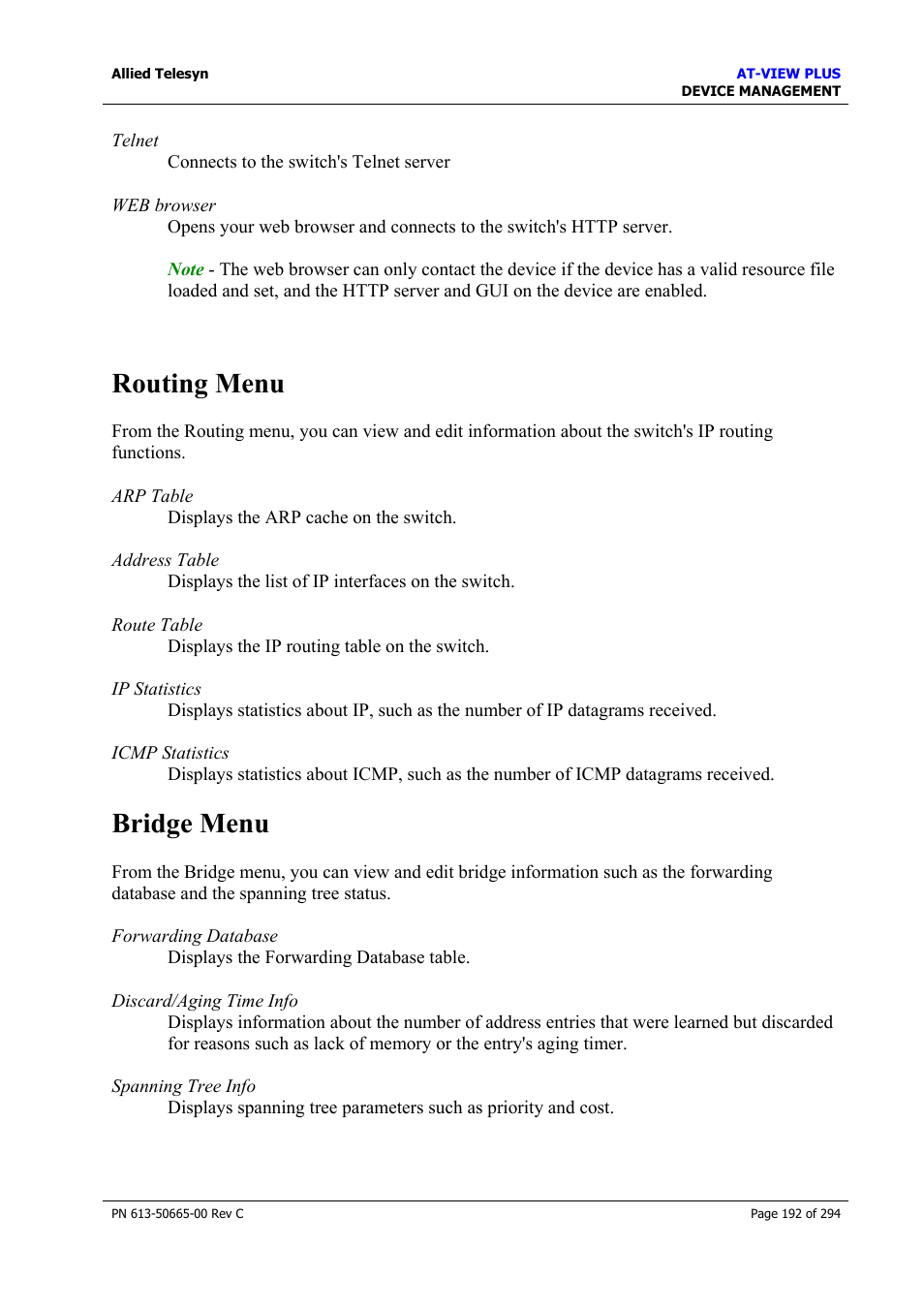 Routing menu, Bridge menu, Routing menu bridge menu | Allied Telesis AT-VIEW PLUS 3.2 DEVICE MANAGEMENT User Manual | Page 192 / 294