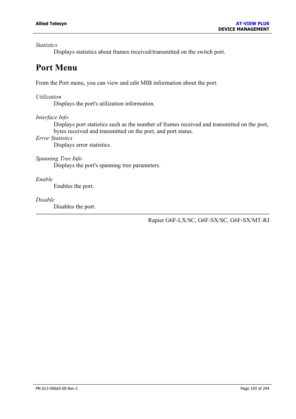 Port menu | Allied Telesis AT-VIEW PLUS 3.2 DEVICE MANAGEMENT User Manual | Page 193 / 294