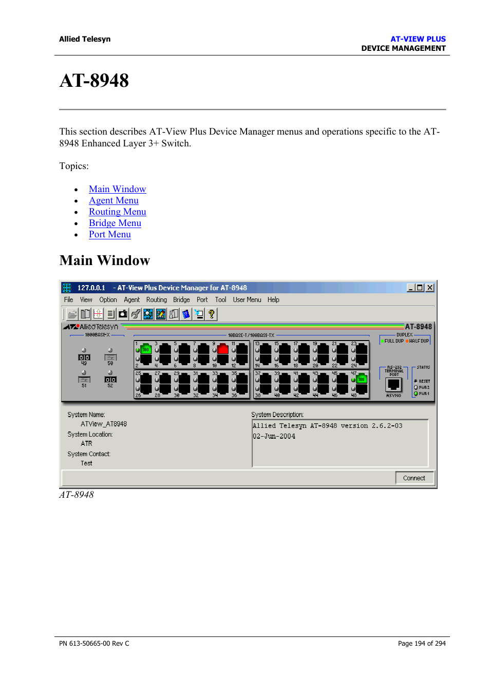 At-8948, Main window | Allied Telesis AT-VIEW PLUS 3.2 DEVICE MANAGEMENT User Manual | Page 194 / 294