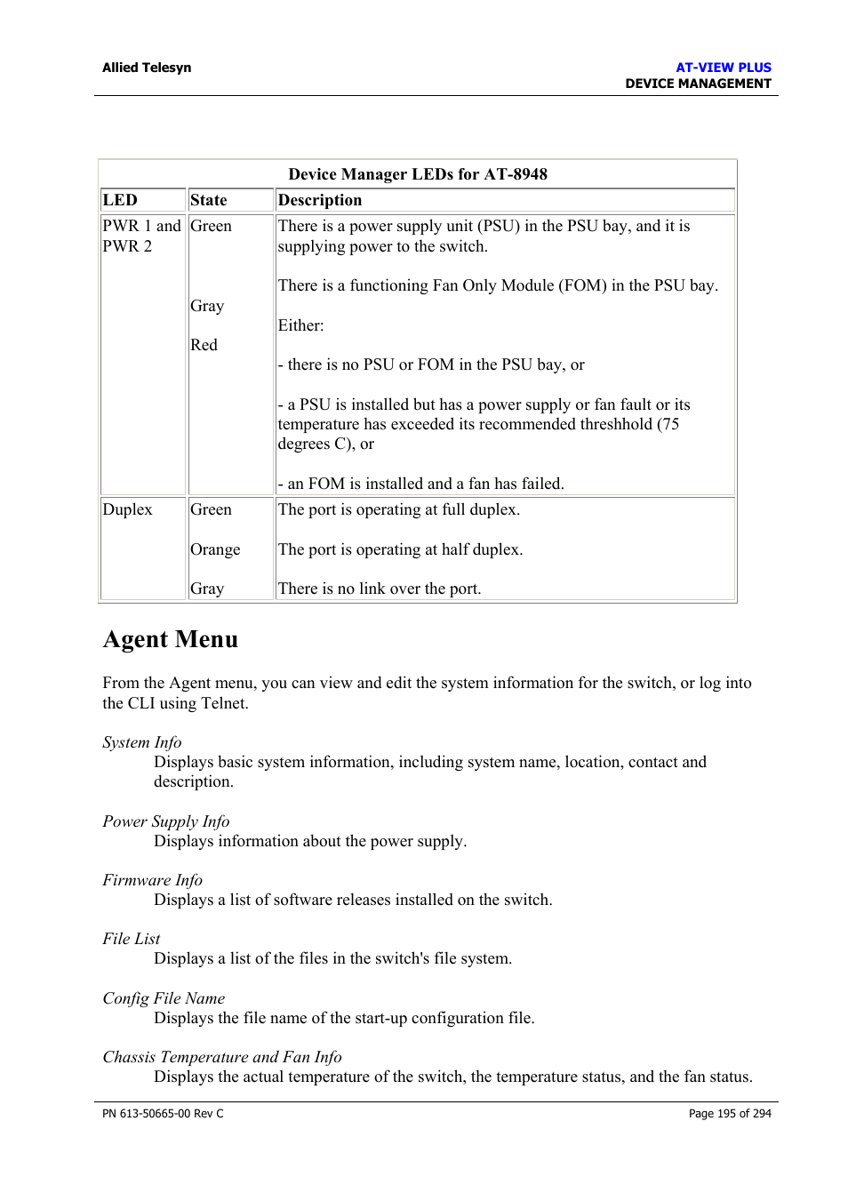 Agent menu | Allied Telesis AT-VIEW PLUS 3.2 DEVICE MANAGEMENT User Manual | Page 195 / 294