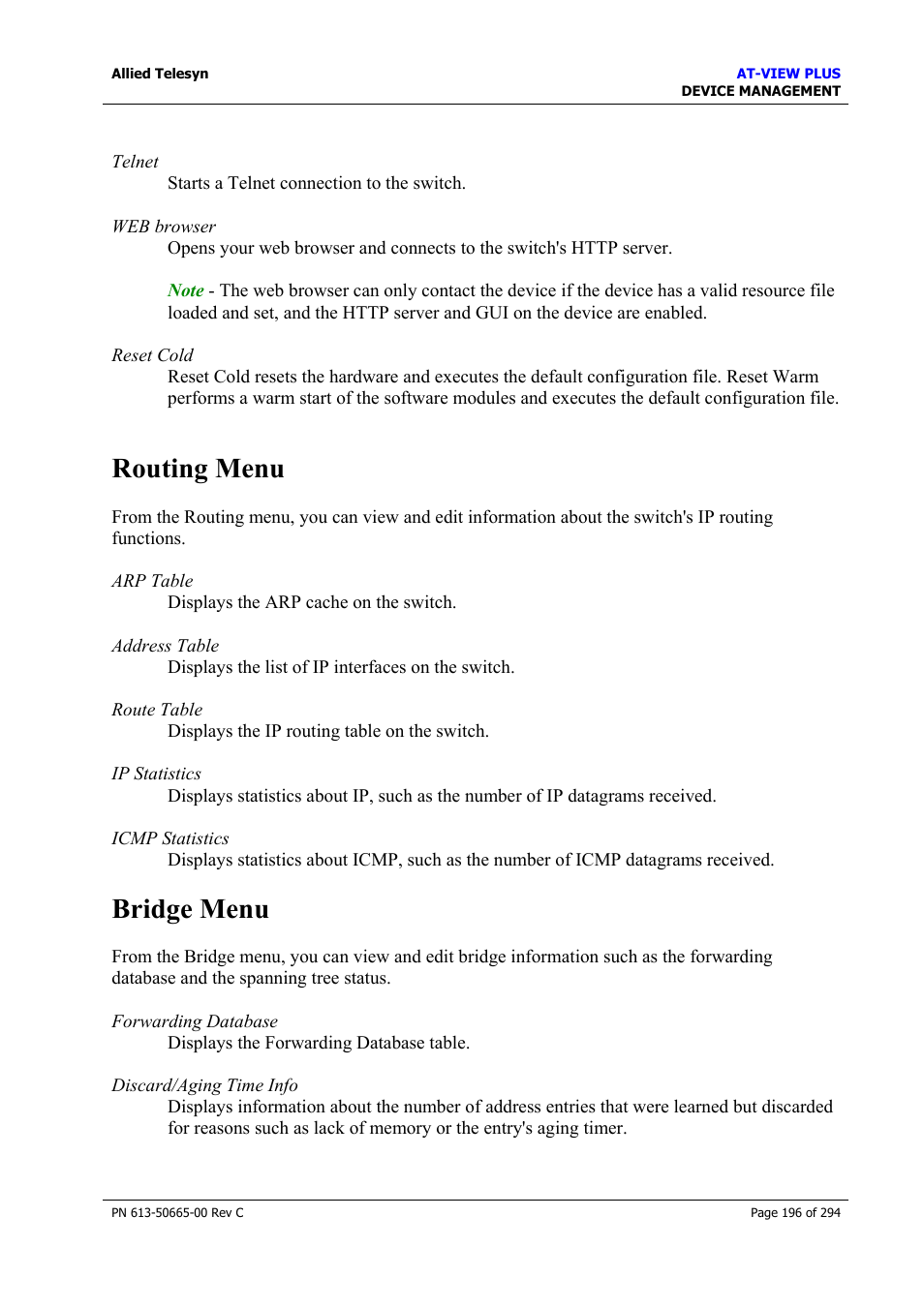 Routing menu, Bridge menu, Routing menu bridge menu | Allied Telesis AT-VIEW PLUS 3.2 DEVICE MANAGEMENT User Manual | Page 196 / 294