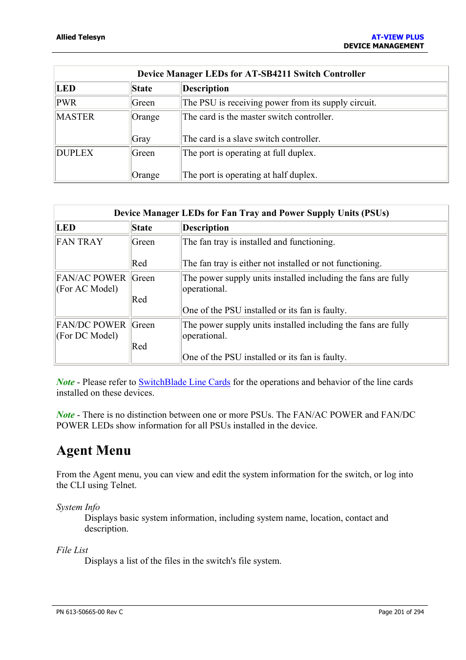 Agent menu | Allied Telesis AT-VIEW PLUS 3.2 DEVICE MANAGEMENT User Manual | Page 201 / 294