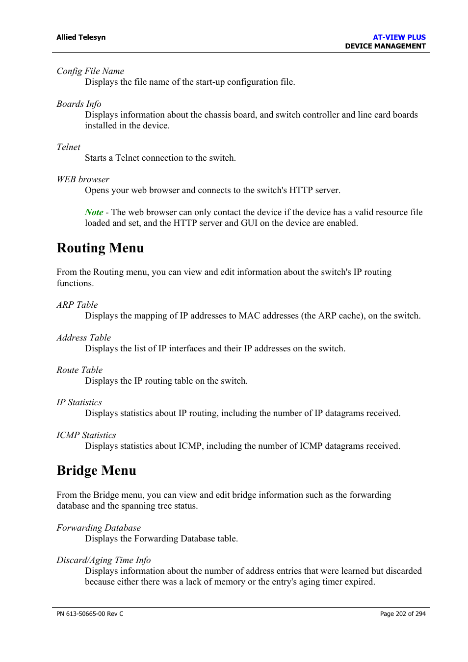 Routing menu, Bridge menu, Routing menu bridge menu | Allied Telesis AT-VIEW PLUS 3.2 DEVICE MANAGEMENT User Manual | Page 202 / 294