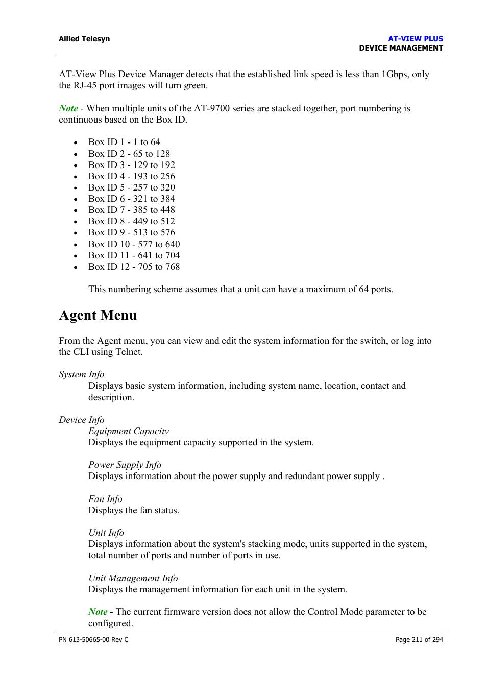 Agent menu | Allied Telesis AT-VIEW PLUS 3.2 DEVICE MANAGEMENT User Manual | Page 211 / 294