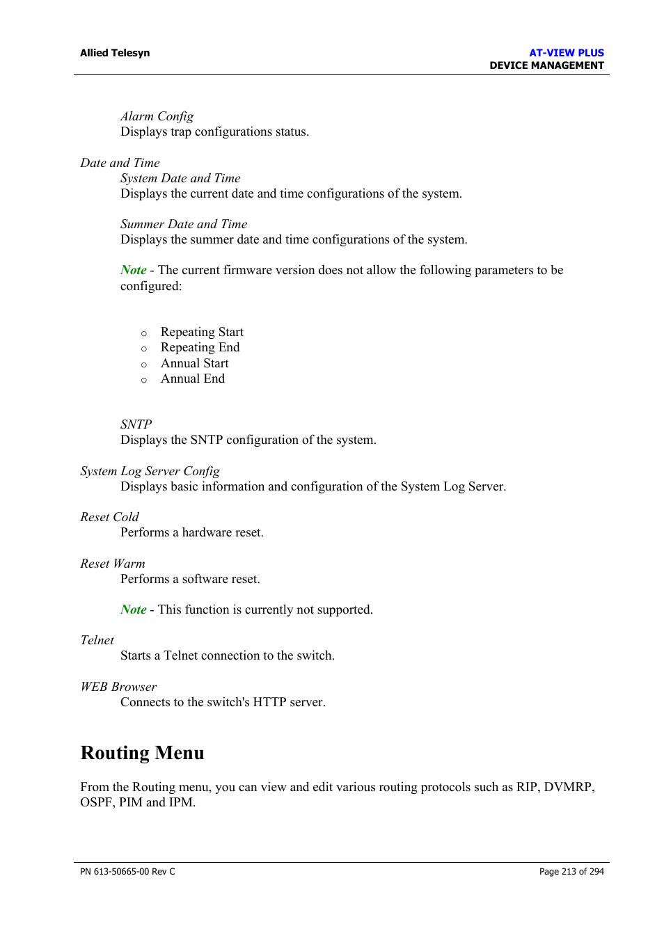 Routing menu | Allied Telesis AT-VIEW PLUS 3.2 DEVICE MANAGEMENT User Manual | Page 213 / 294