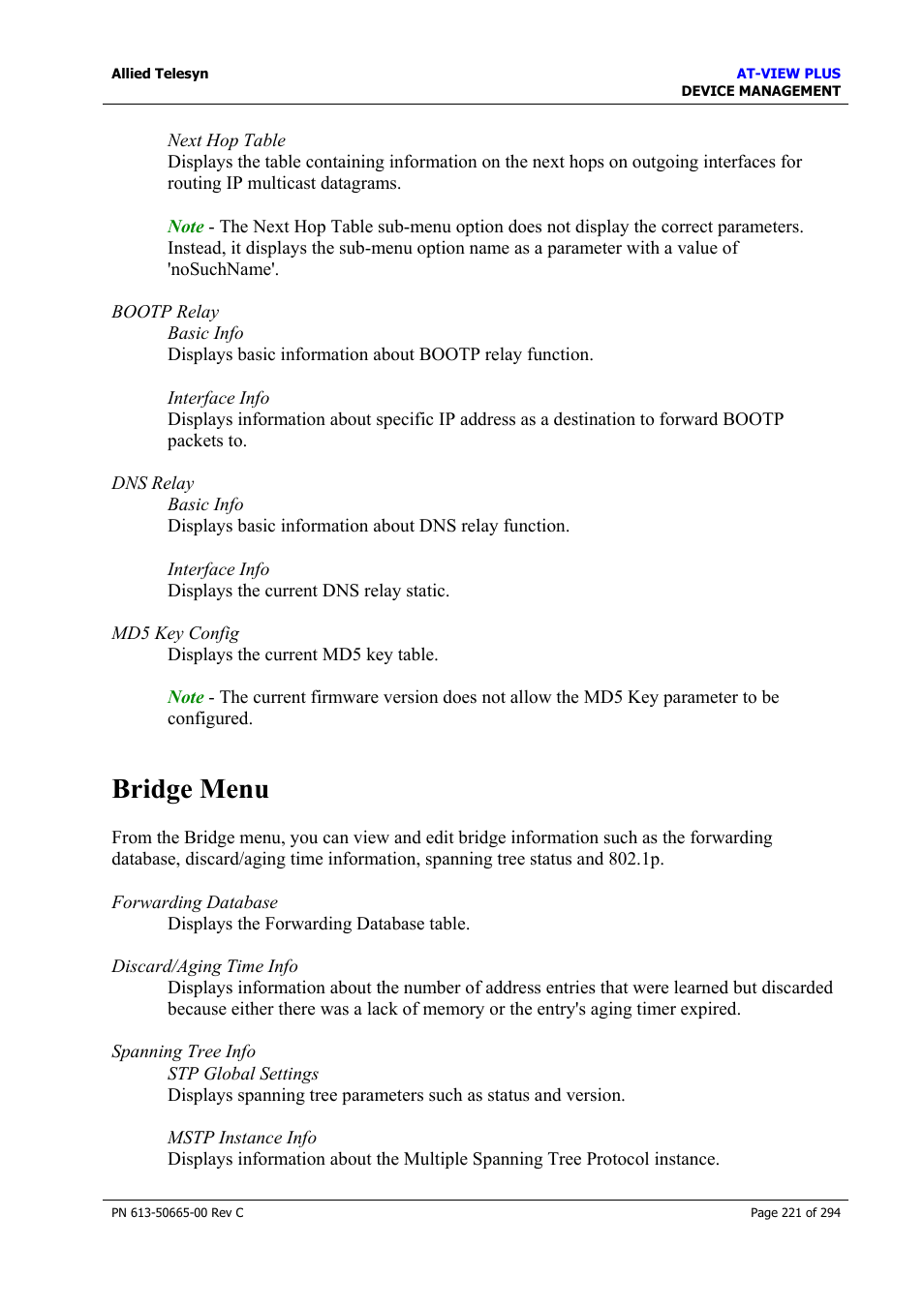 Bridge menu | Allied Telesis AT-VIEW PLUS 3.2 DEVICE MANAGEMENT User Manual | Page 221 / 294