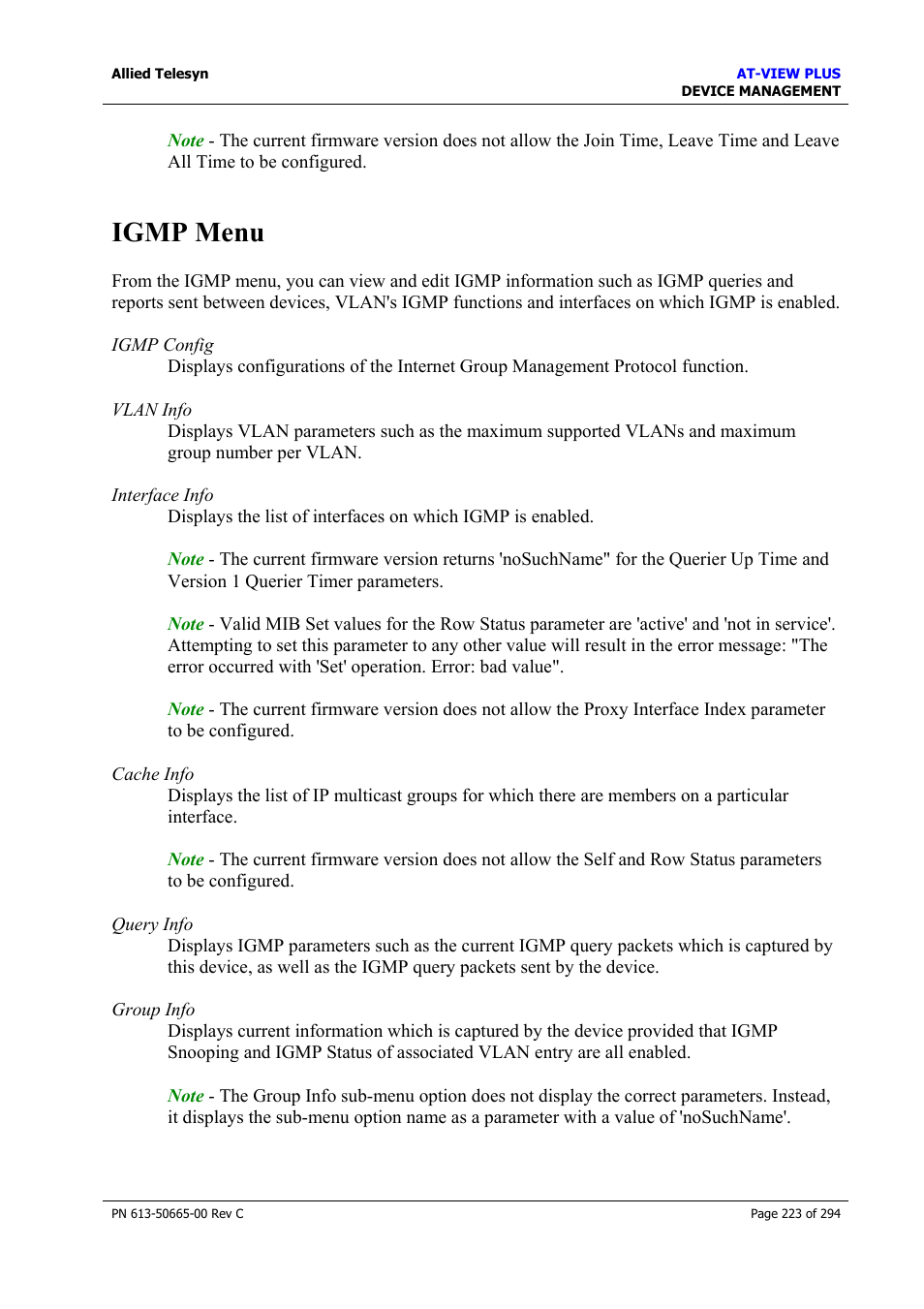 Igmp menu | Allied Telesis AT-VIEW PLUS 3.2 DEVICE MANAGEMENT User Manual | Page 223 / 294