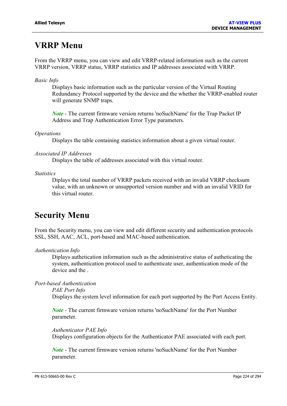 Vrrp menu, Security menu, Vrrp menu security menu | Allied Telesis AT-VIEW PLUS 3.2 DEVICE MANAGEMENT User Manual | Page 224 / 294