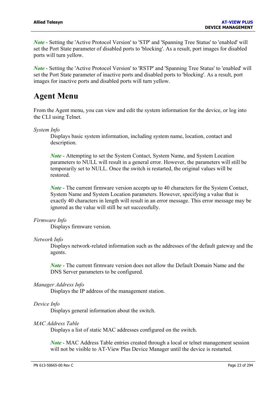 Agent menu | Allied Telesis AT-VIEW PLUS 3.2 DEVICE MANAGEMENT User Manual | Page 23 / 294
