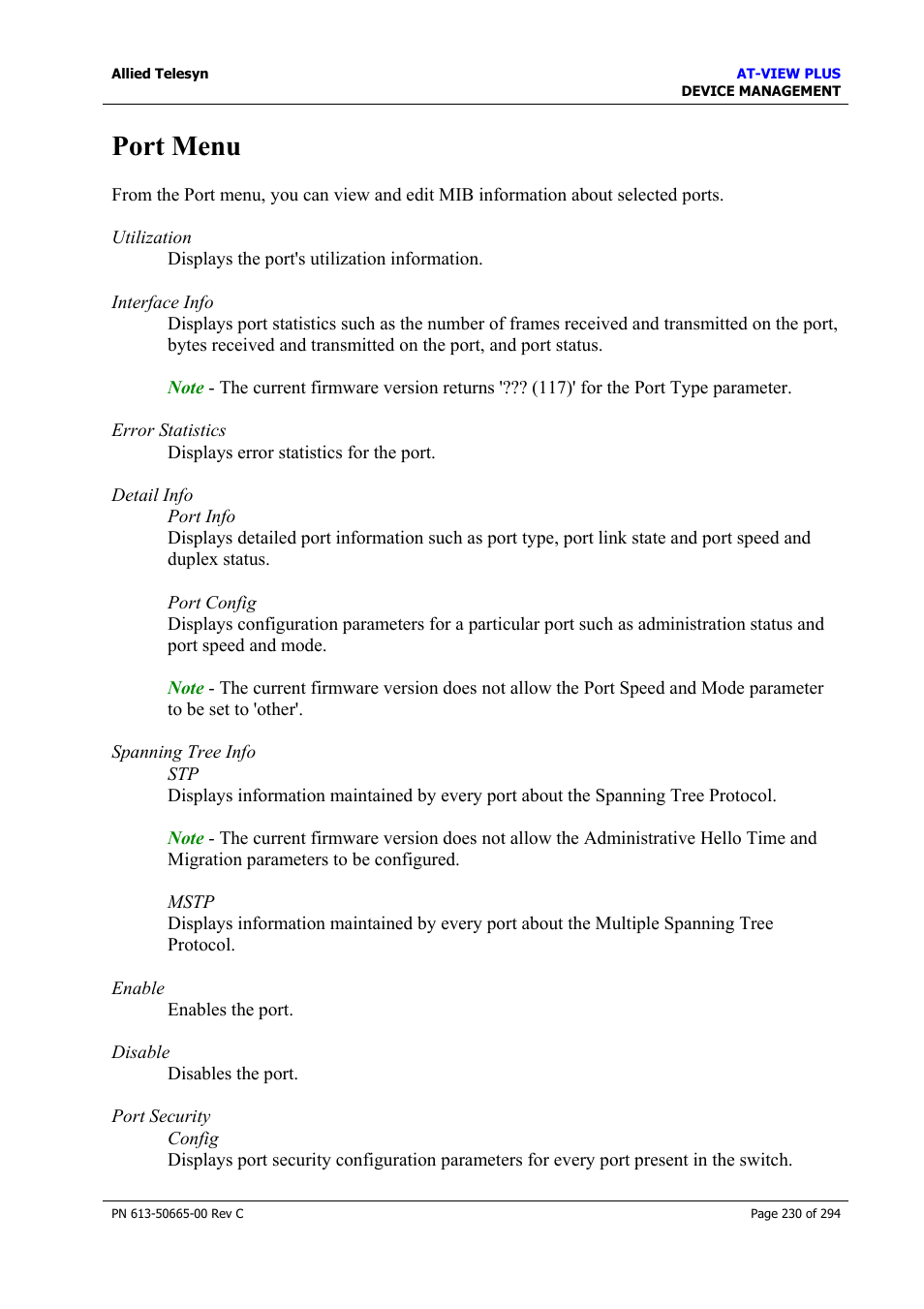 Port menu | Allied Telesis AT-VIEW PLUS 3.2 DEVICE MANAGEMENT User Manual | Page 230 / 294