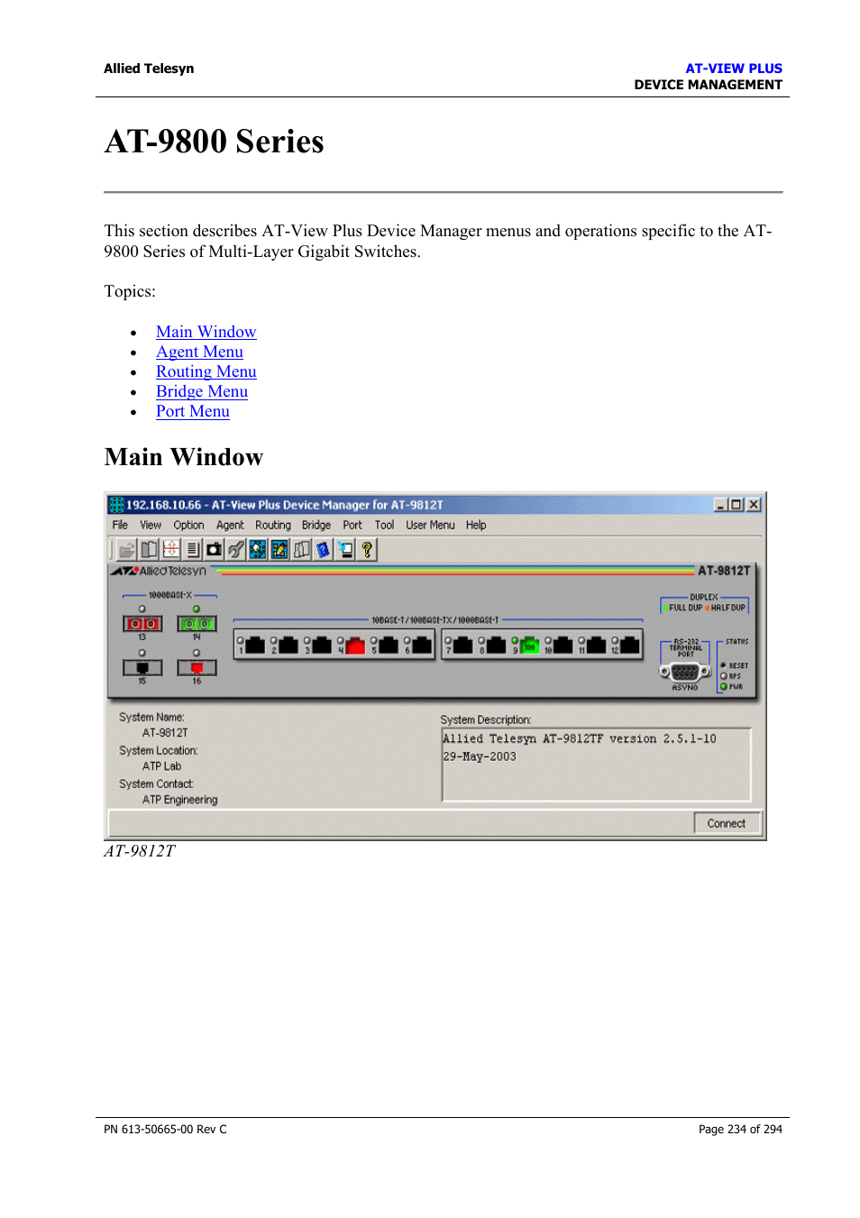 At-9800 series, Main window | Allied Telesis AT-VIEW PLUS 3.2 DEVICE MANAGEMENT User Manual | Page 234 / 294