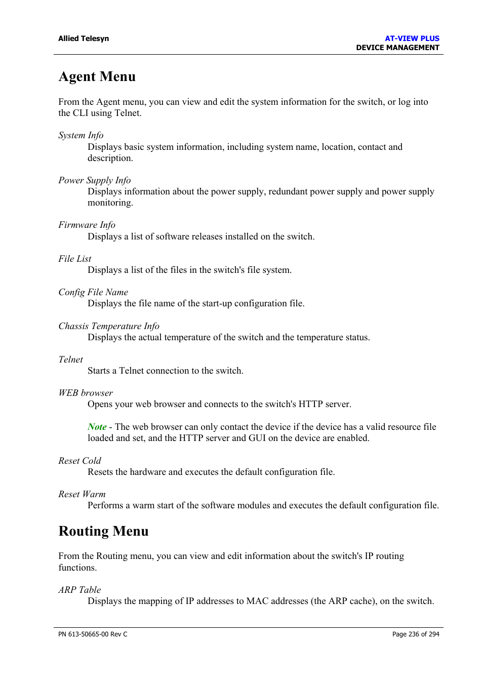 Agent menu, Routing menu, Agent menu routing menu | Allied Telesis AT-VIEW PLUS 3.2 DEVICE MANAGEMENT User Manual | Page 236 / 294