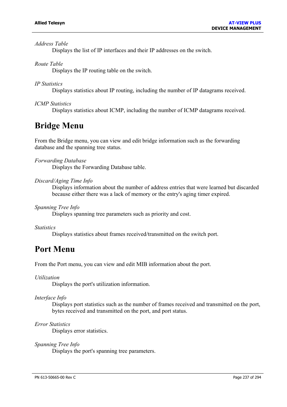 Bridge menu, Port menu, Bridge menu port menu | Allied Telesis AT-VIEW PLUS 3.2 DEVICE MANAGEMENT User Manual | Page 237 / 294