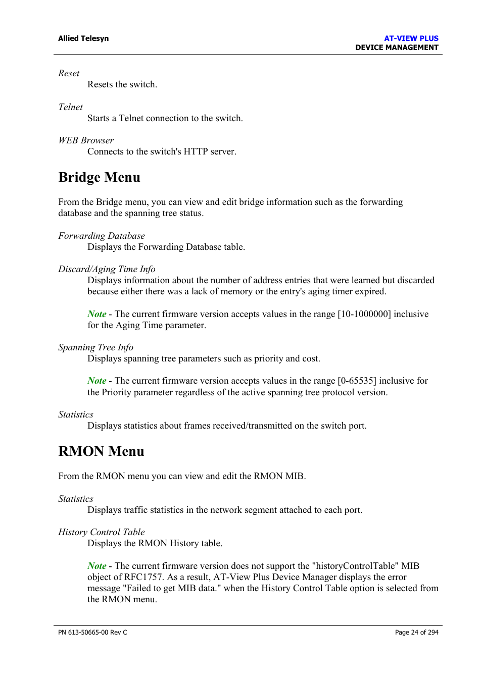 Bridge menu, Rmon menu, Bridge menu rmon menu | Allied Telesis AT-VIEW PLUS 3.2 DEVICE MANAGEMENT User Manual | Page 24 / 294