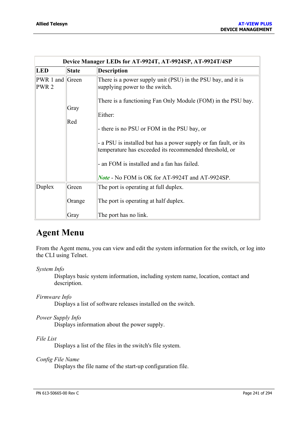 Agent menu | Allied Telesis AT-VIEW PLUS 3.2 DEVICE MANAGEMENT User Manual | Page 241 / 294