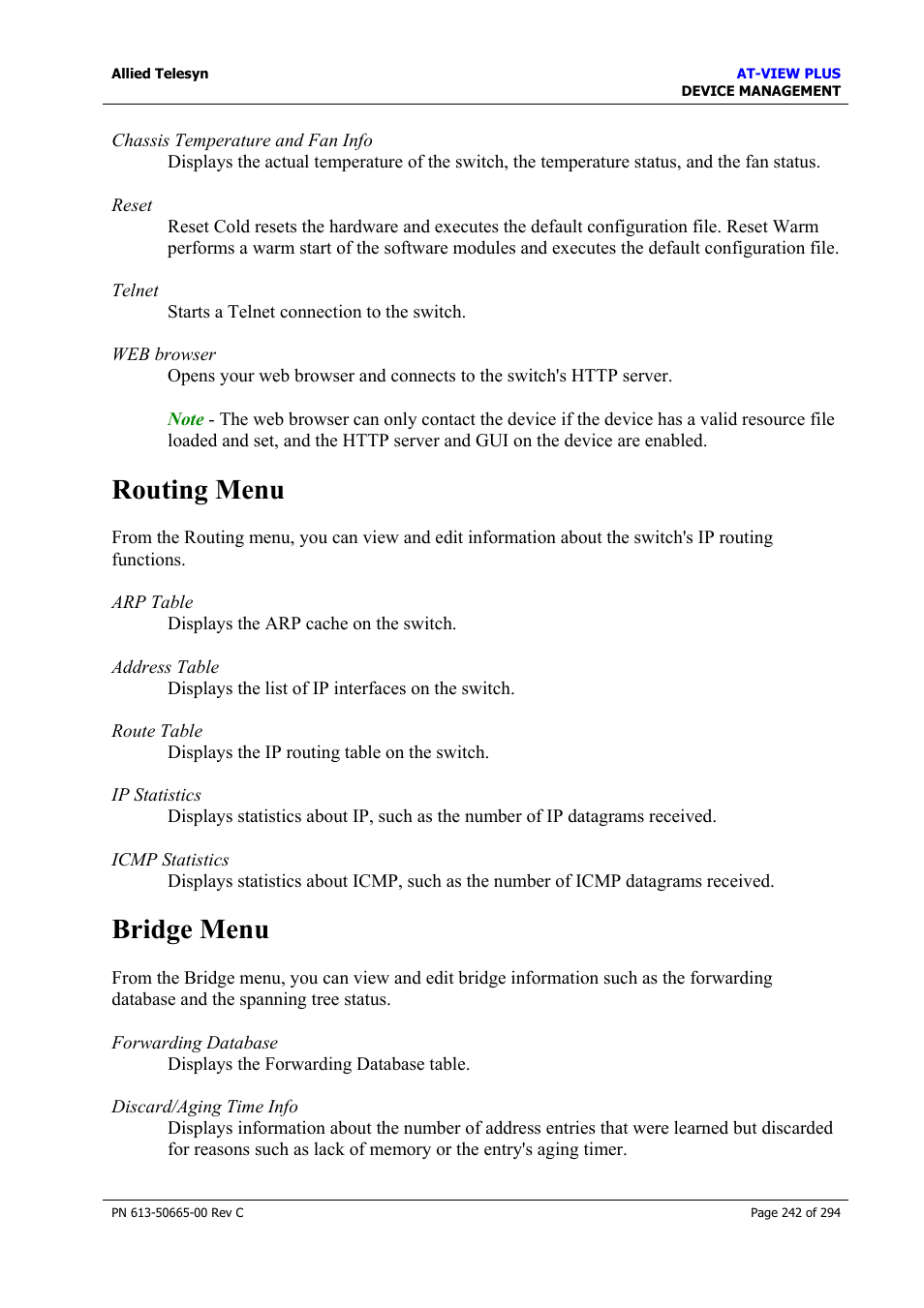 Routing menu, Bridge menu, Routing menu bridge menu | Allied Telesis AT-VIEW PLUS 3.2 DEVICE MANAGEMENT User Manual | Page 242 / 294