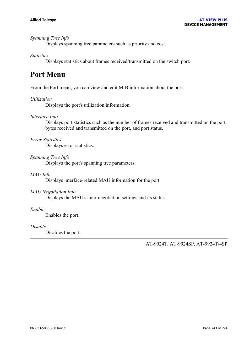 Port menu | Allied Telesis AT-VIEW PLUS 3.2 DEVICE MANAGEMENT User Manual | Page 243 / 294