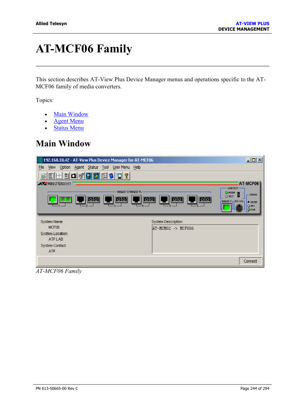 At-mcf06 family, Main window | Allied Telesis AT-VIEW PLUS 3.2 DEVICE MANAGEMENT User Manual | Page 244 / 294