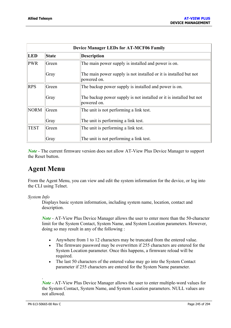 Agent menu | Allied Telesis AT-VIEW PLUS 3.2 DEVICE MANAGEMENT User Manual | Page 245 / 294