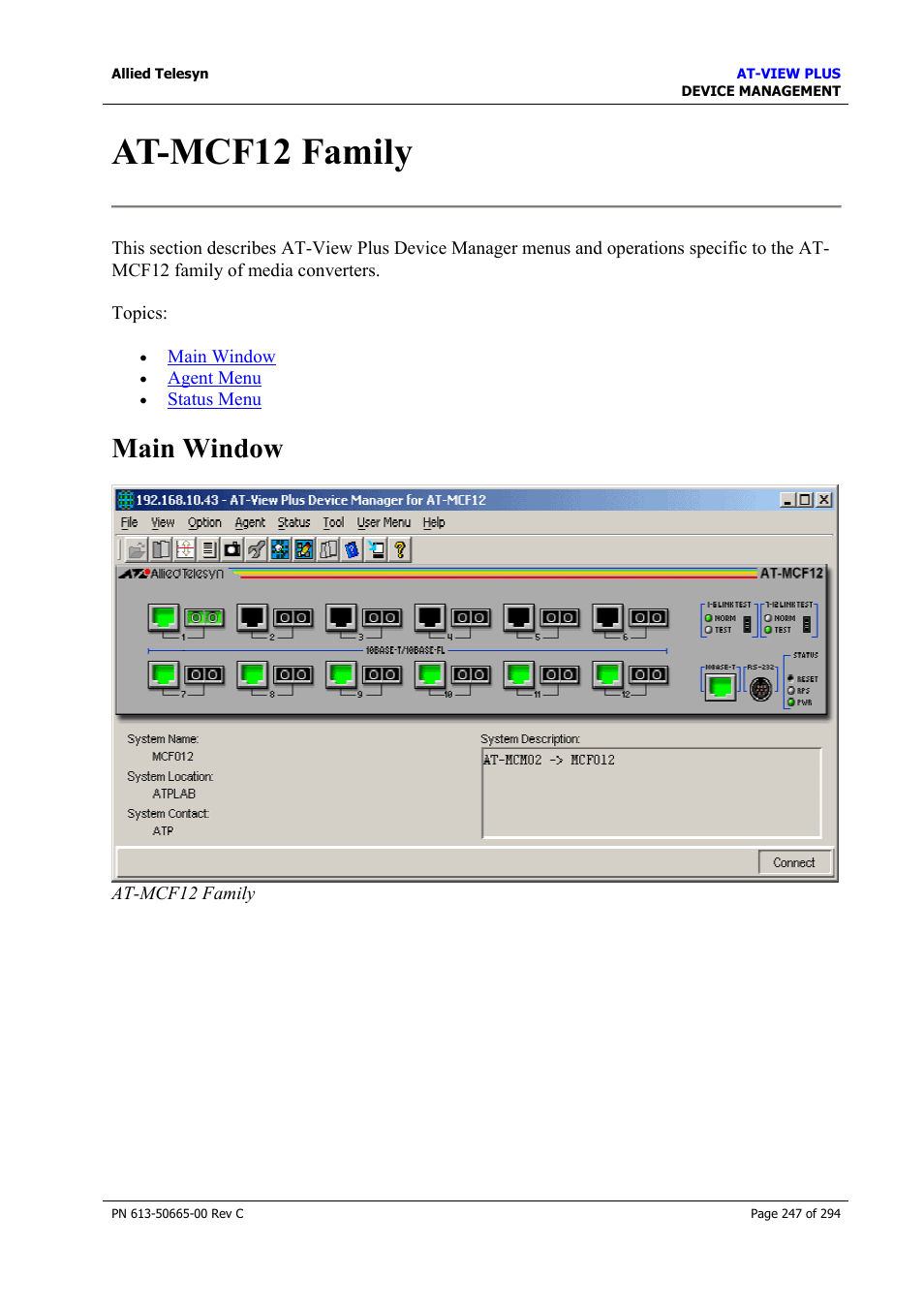 At-mcf12 family, Main window | Allied Telesis AT-VIEW PLUS 3.2 DEVICE MANAGEMENT User Manual | Page 247 / 294