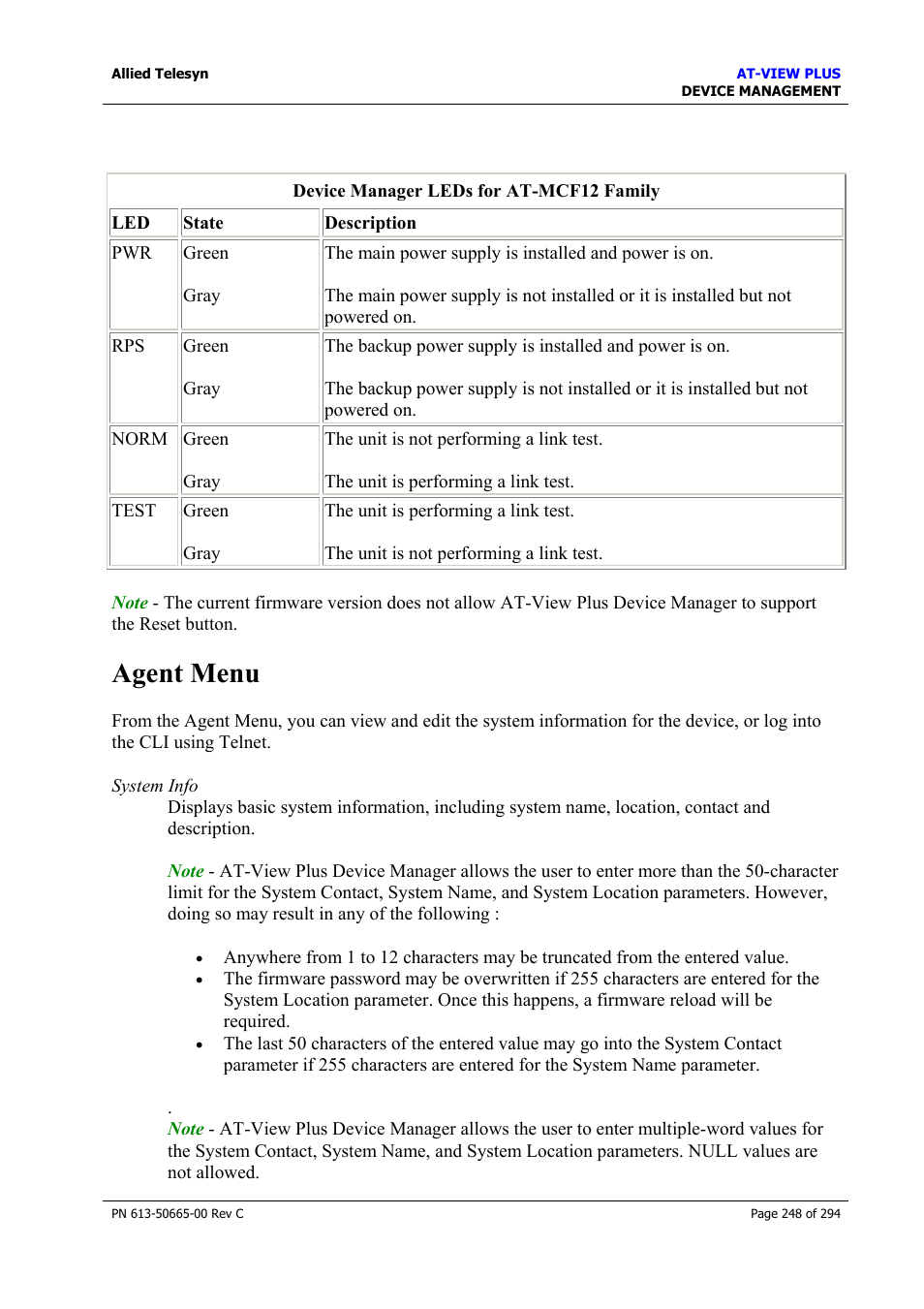 Agent menu | Allied Telesis AT-VIEW PLUS 3.2 DEVICE MANAGEMENT User Manual | Page 248 / 294