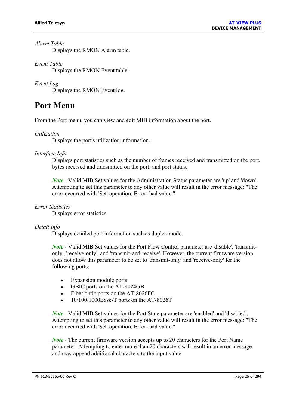 Port menu | Allied Telesis AT-VIEW PLUS 3.2 DEVICE MANAGEMENT User Manual | Page 25 / 294