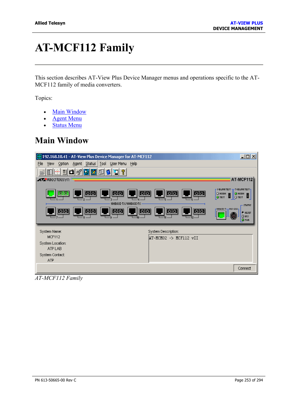 At-mcf112 family, Main window | Allied Telesis AT-VIEW PLUS 3.2 DEVICE MANAGEMENT User Manual | Page 253 / 294