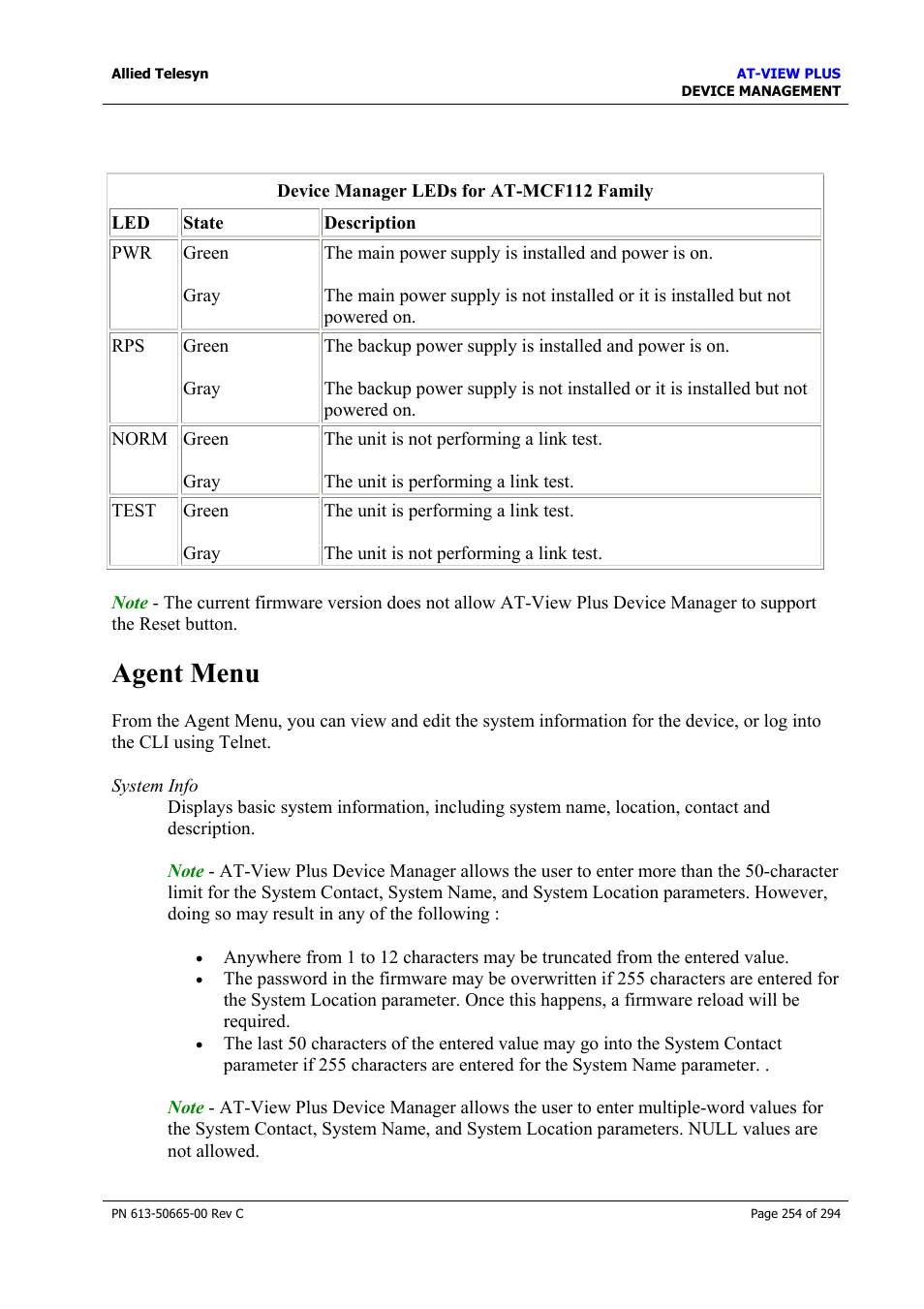 Agent menu | Allied Telesis AT-VIEW PLUS 3.2 DEVICE MANAGEMENT User Manual | Page 254 / 294