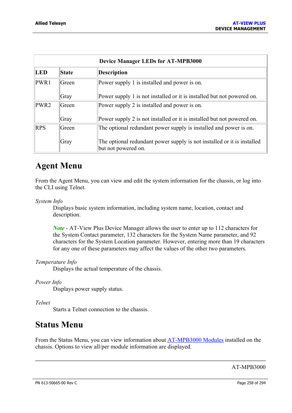 Agent menu, Status menu, Agent menu status menu | Allied Telesis AT-VIEW PLUS 3.2 DEVICE MANAGEMENT User Manual | Page 258 / 294
