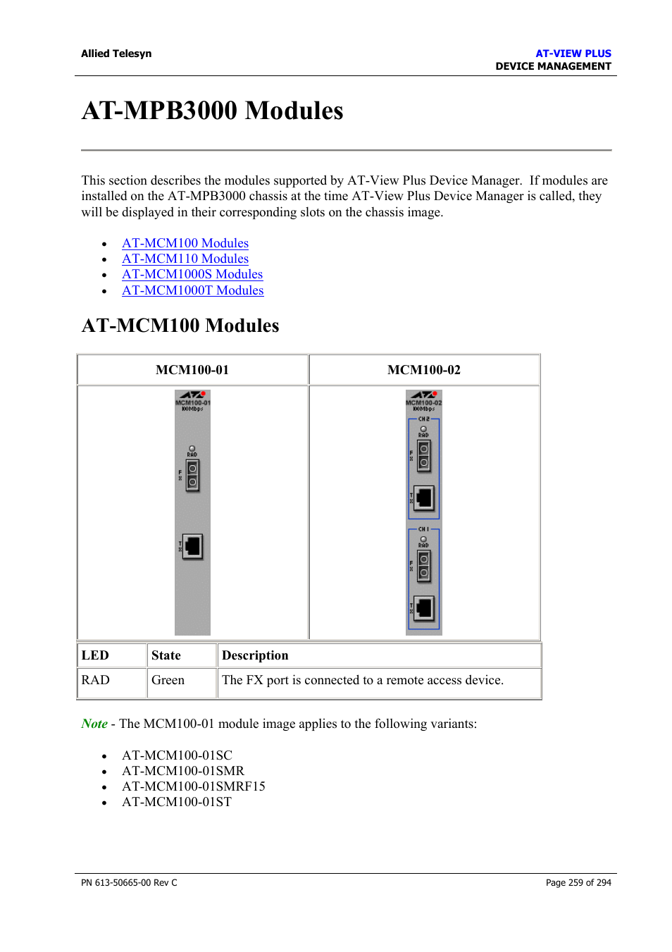 At-mpb3000 modules, At-mcm100 modules | Allied Telesis AT-VIEW PLUS 3.2 DEVICE MANAGEMENT User Manual | Page 259 / 294