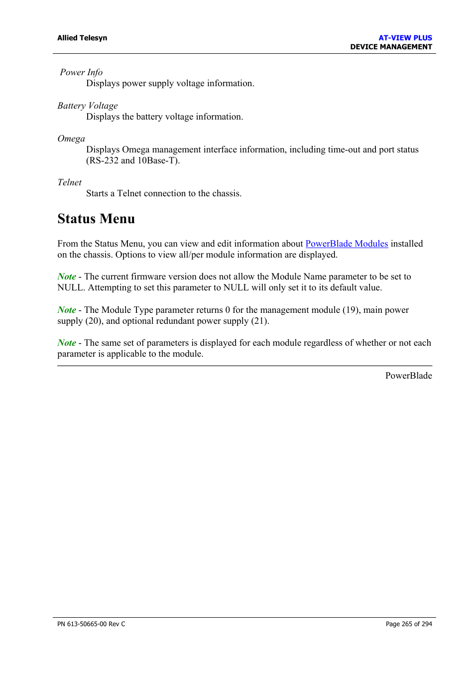 Status menu | Allied Telesis AT-VIEW PLUS 3.2 DEVICE MANAGEMENT User Manual | Page 265 / 294
