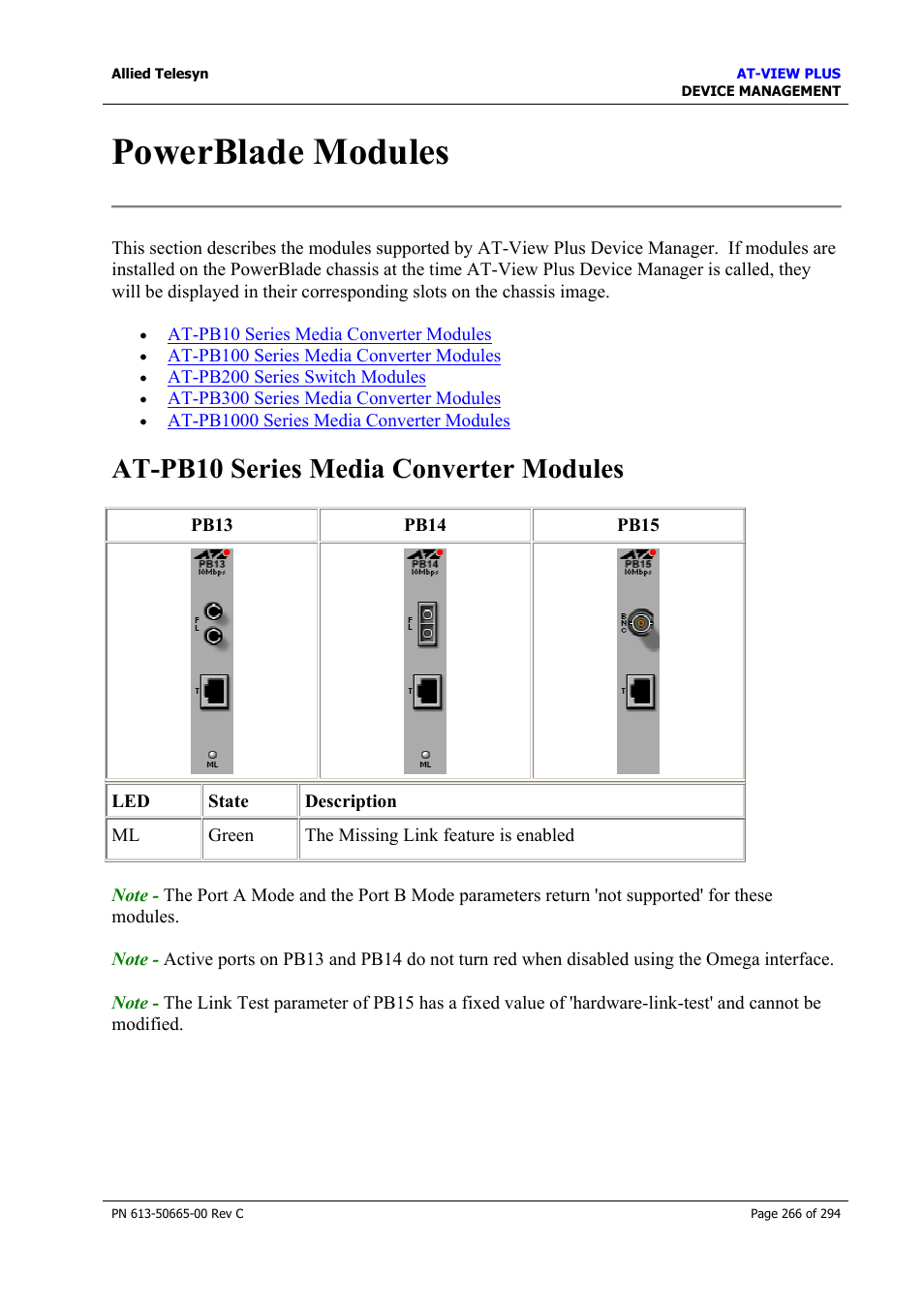 Powerblade modules, At-pb10 series media converter modules | Allied Telesis AT-VIEW PLUS 3.2 DEVICE MANAGEMENT User Manual | Page 266 / 294