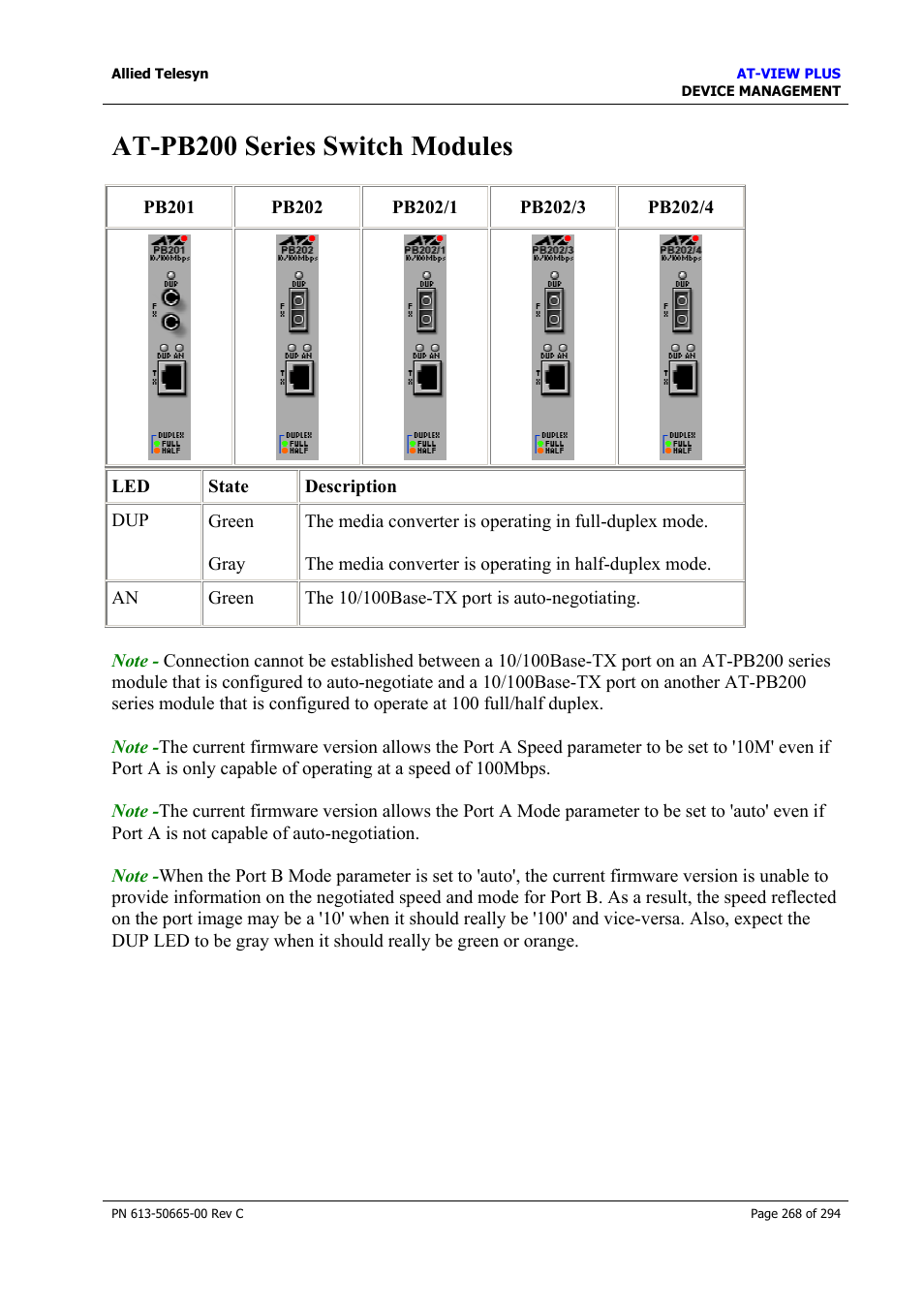 At-pb200 series switch modules | Allied Telesis AT-VIEW PLUS 3.2 DEVICE MANAGEMENT User Manual | Page 268 / 294