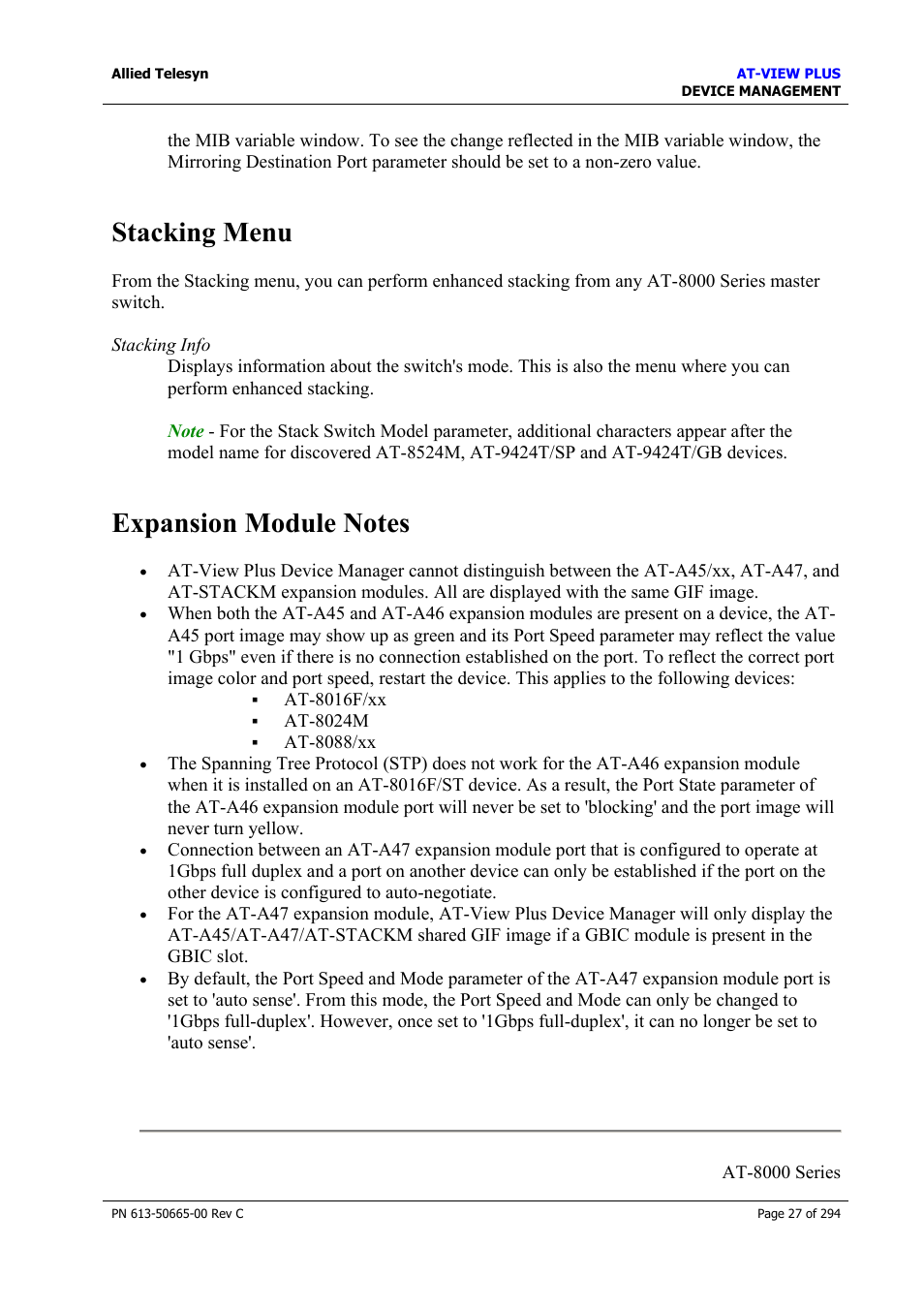 Stacking menu, Expansion module notes, Stacking menu expansion module notes | Allied Telesis AT-VIEW PLUS 3.2 DEVICE MANAGEMENT User Manual | Page 27 / 294