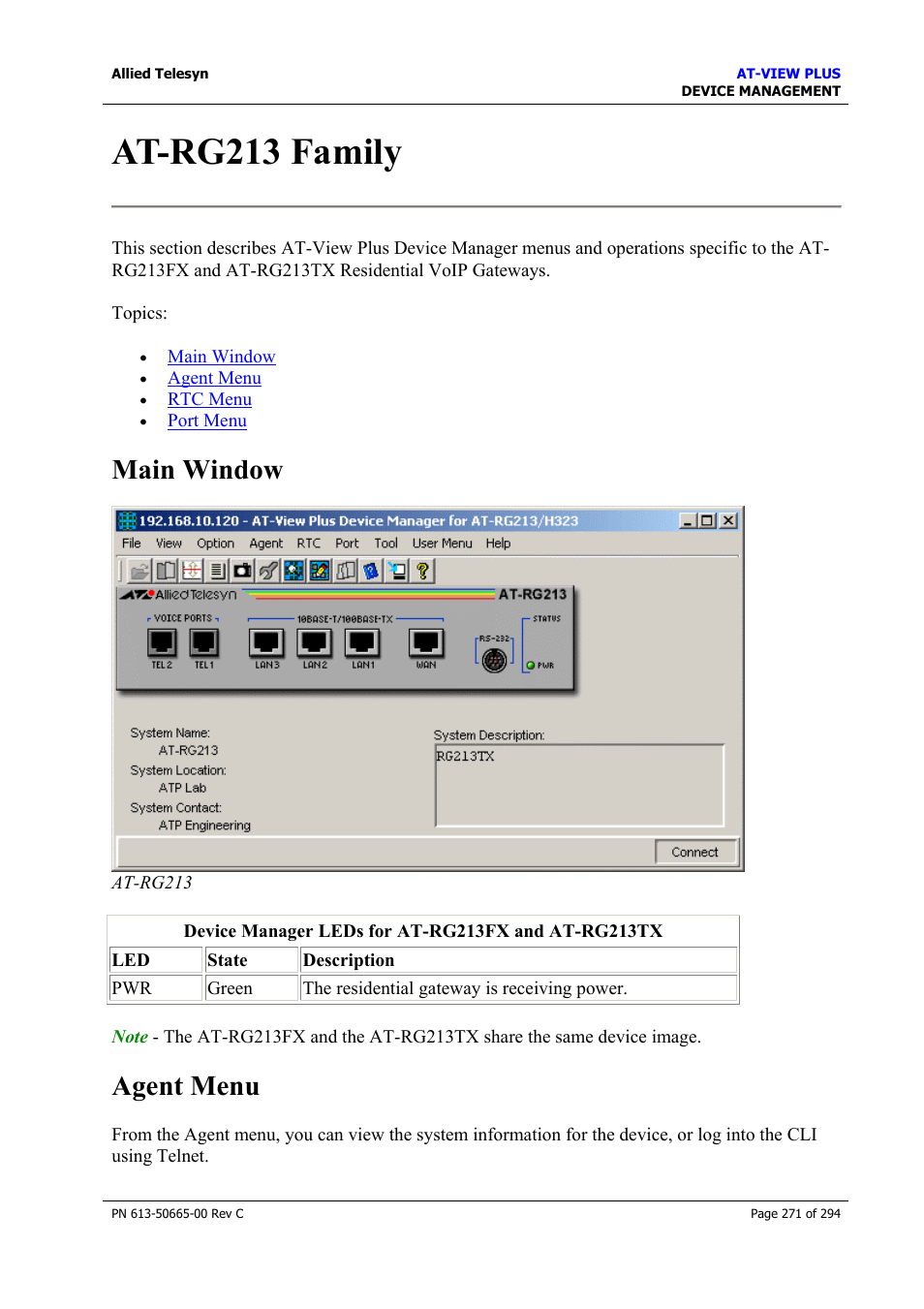 At-rg213 family, Main window, Agent menu | Main window agent menu | Allied Telesis AT-VIEW PLUS 3.2 DEVICE MANAGEMENT User Manual | Page 271 / 294