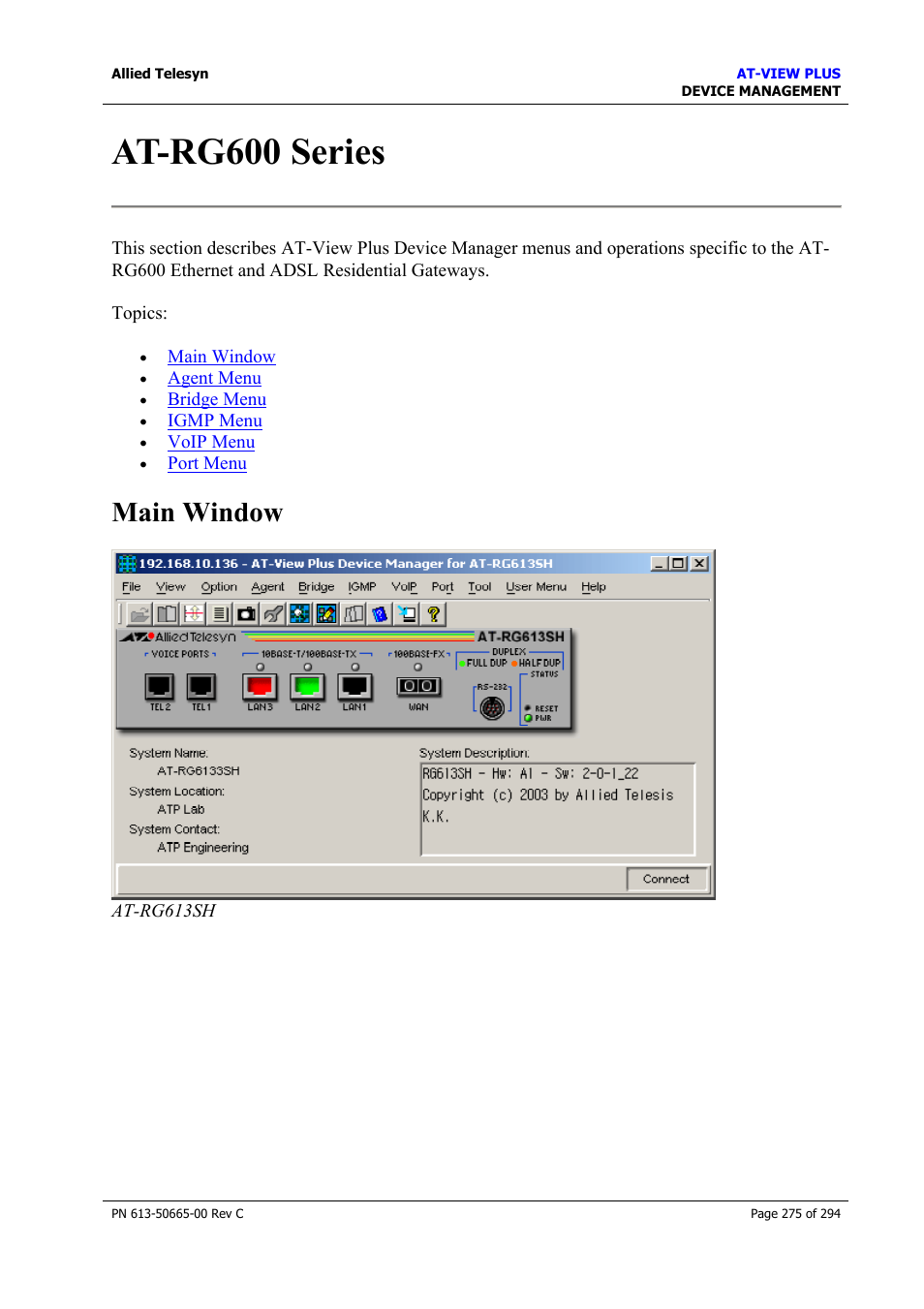 At-rg600 series, Main window | Allied Telesis AT-VIEW PLUS 3.2 DEVICE MANAGEMENT User Manual | Page 275 / 294