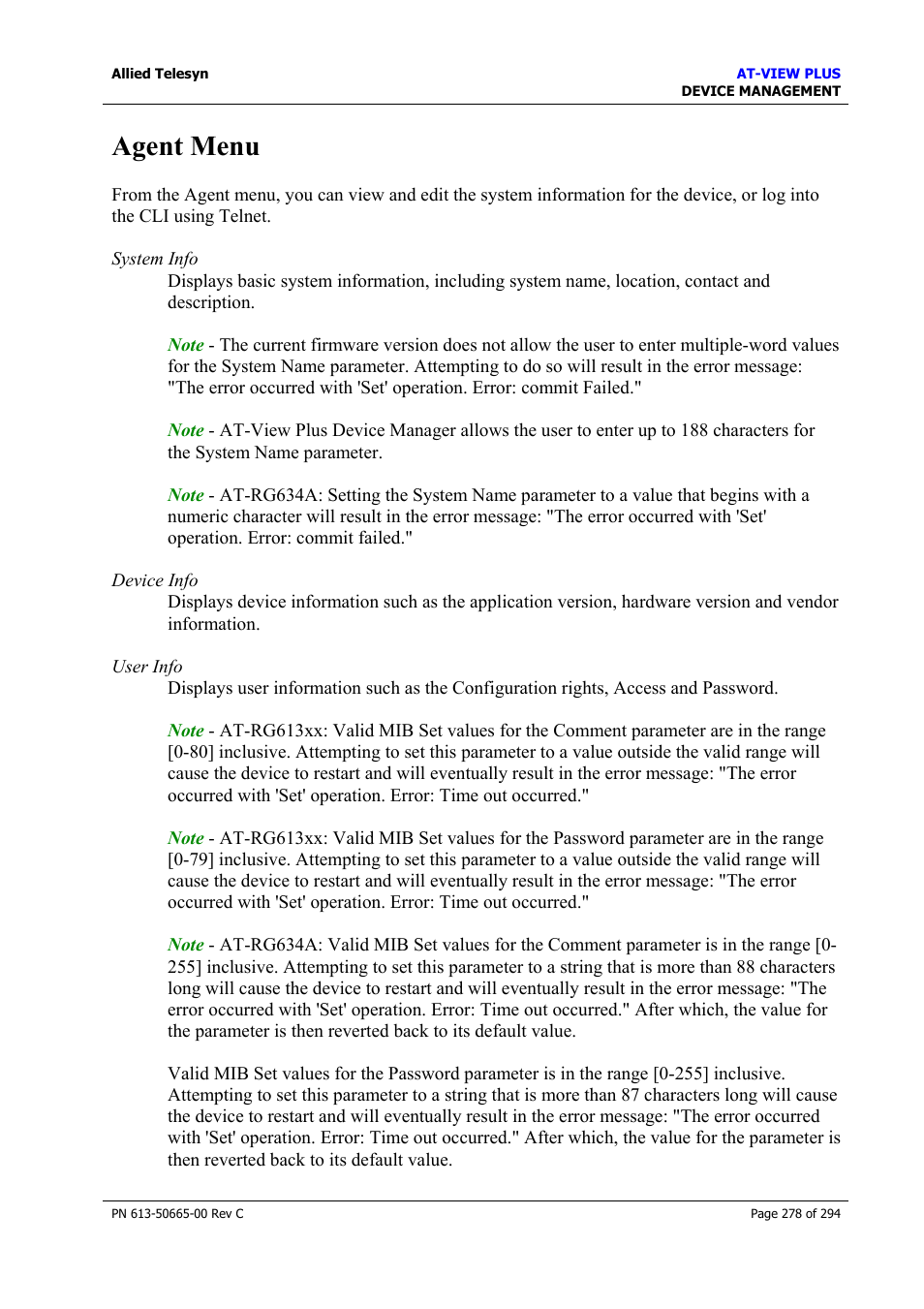 Agent menu | Allied Telesis AT-VIEW PLUS 3.2 DEVICE MANAGEMENT User Manual | Page 278 / 294