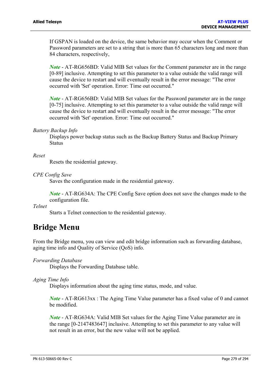 Bridge menu | Allied Telesis AT-VIEW PLUS 3.2 DEVICE MANAGEMENT User Manual | Page 279 / 294