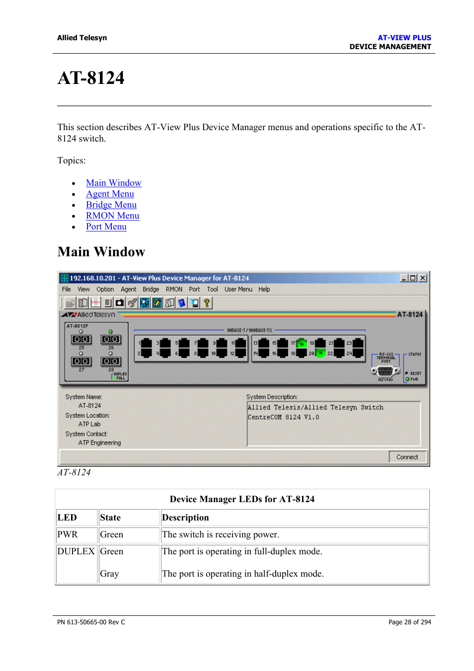 At-8124, Main window | Allied Telesis AT-VIEW PLUS 3.2 DEVICE MANAGEMENT User Manual | Page 28 / 294
