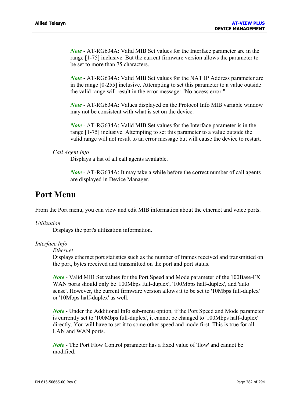 Port menu | Allied Telesis AT-VIEW PLUS 3.2 DEVICE MANAGEMENT User Manual | Page 282 / 294