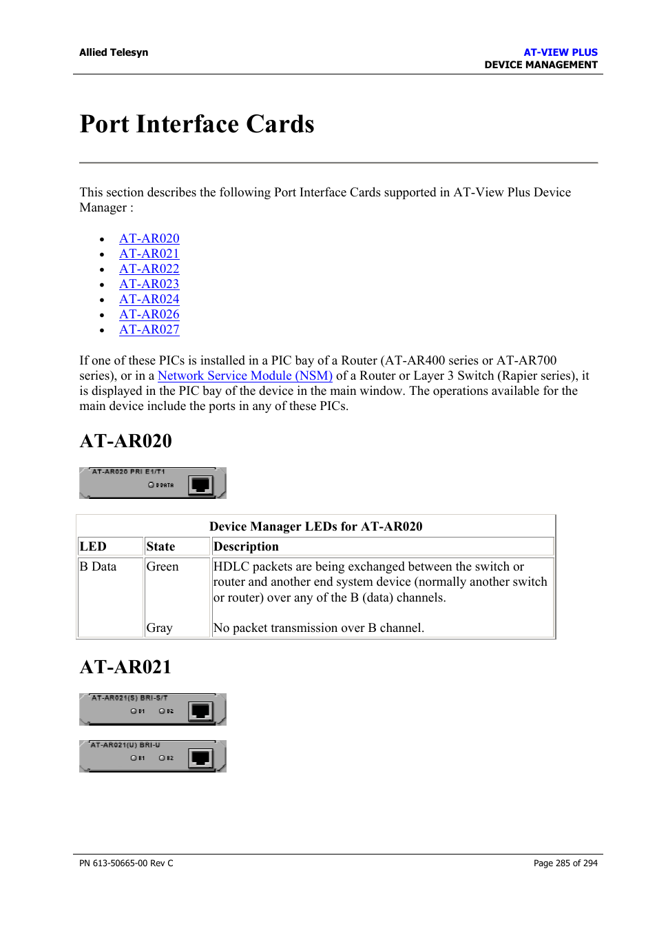 Port interface cards, At-ar020, At-ar021 | At-ar020 at-ar021, Port interface cards (pics), For the operations and behavior of the port | Allied Telesis AT-VIEW PLUS 3.2 DEVICE MANAGEMENT User Manual | Page 285 / 294