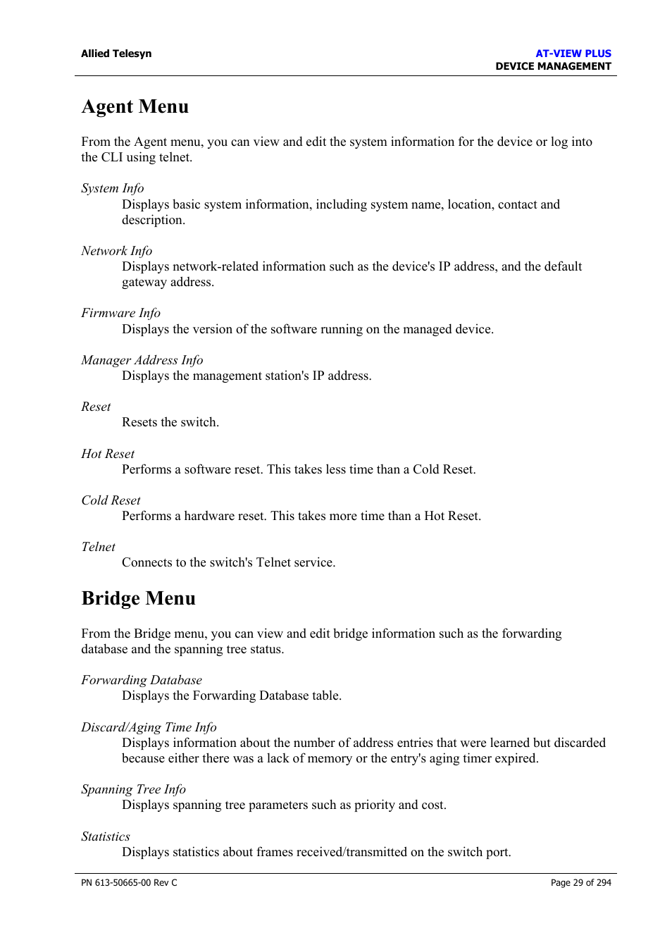 Agent menu, Bridge menu, Agent menu bridge menu | Allied Telesis AT-VIEW PLUS 3.2 DEVICE MANAGEMENT User Manual | Page 29 / 294