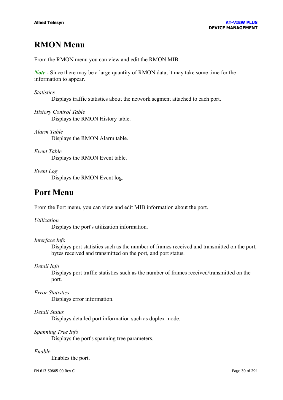 Rmon menu, Port menu, Rmon menu port menu | Allied Telesis AT-VIEW PLUS 3.2 DEVICE MANAGEMENT User Manual | Page 30 / 294