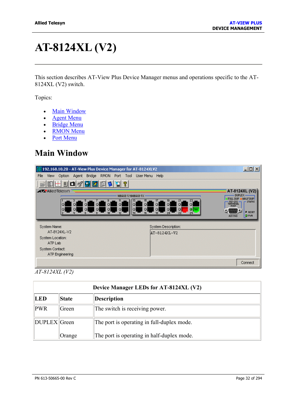At-8124xl (v2), Main window | Allied Telesis AT-VIEW PLUS 3.2 DEVICE MANAGEMENT User Manual | Page 32 / 294