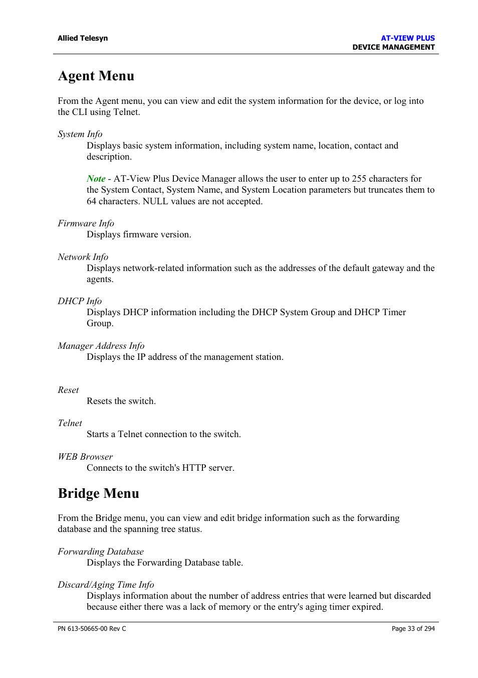 Agent menu, Bridge menu, Agent menu bridge menu | Allied Telesis AT-VIEW PLUS 3.2 DEVICE MANAGEMENT User Manual | Page 33 / 294